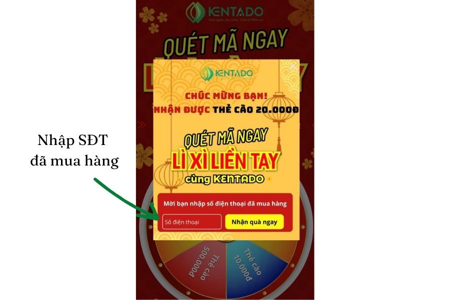 Kết quả quay số trúng thẻ cào hiển thị trên màn ảnh